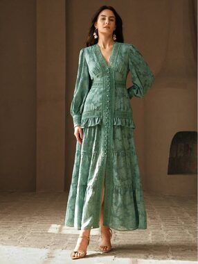 Anewsta Green Long Sleeve Button Front Maxi Dress Size L dd1
